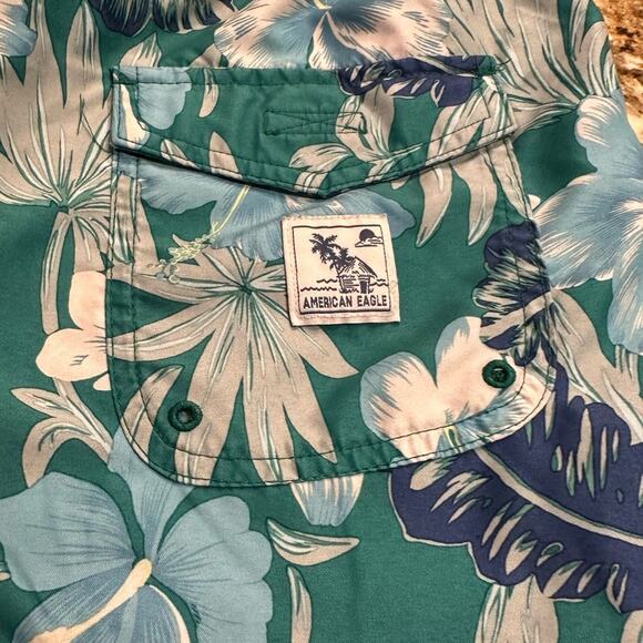 American Eagle Mens Size Medium Blue and Green Tropical Swim Trunks - Picture 6 of 6